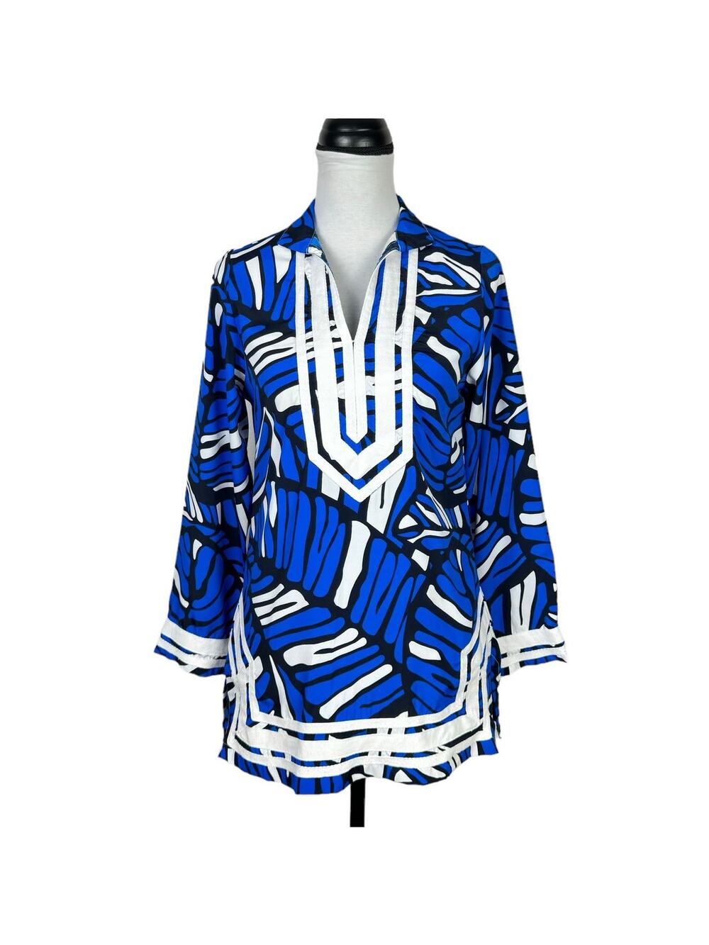 Southern Frock Blue Black White Print Long Sleeve Tunic Shirt Beach Coverup